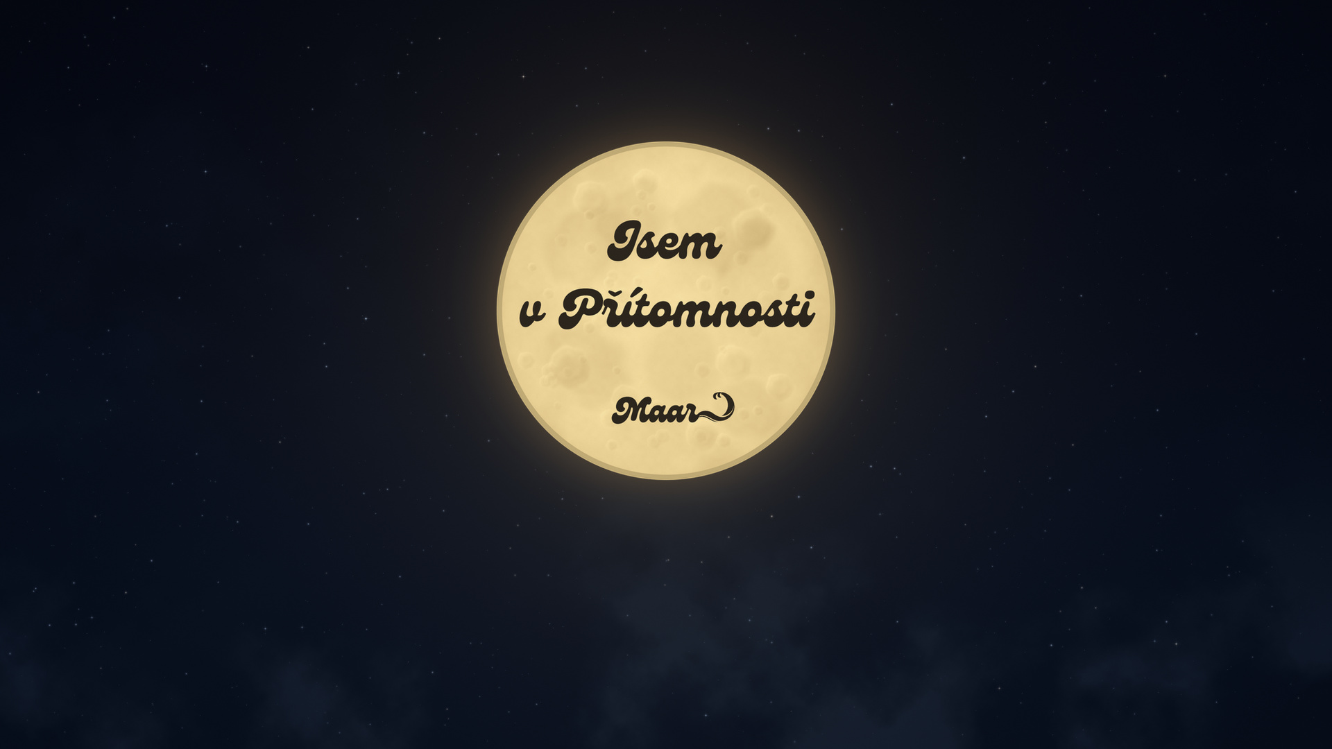 Logo Jsem v Přítomnosti a Maar jako zlatavý měsíc s jemnými krátery na noční obloze.